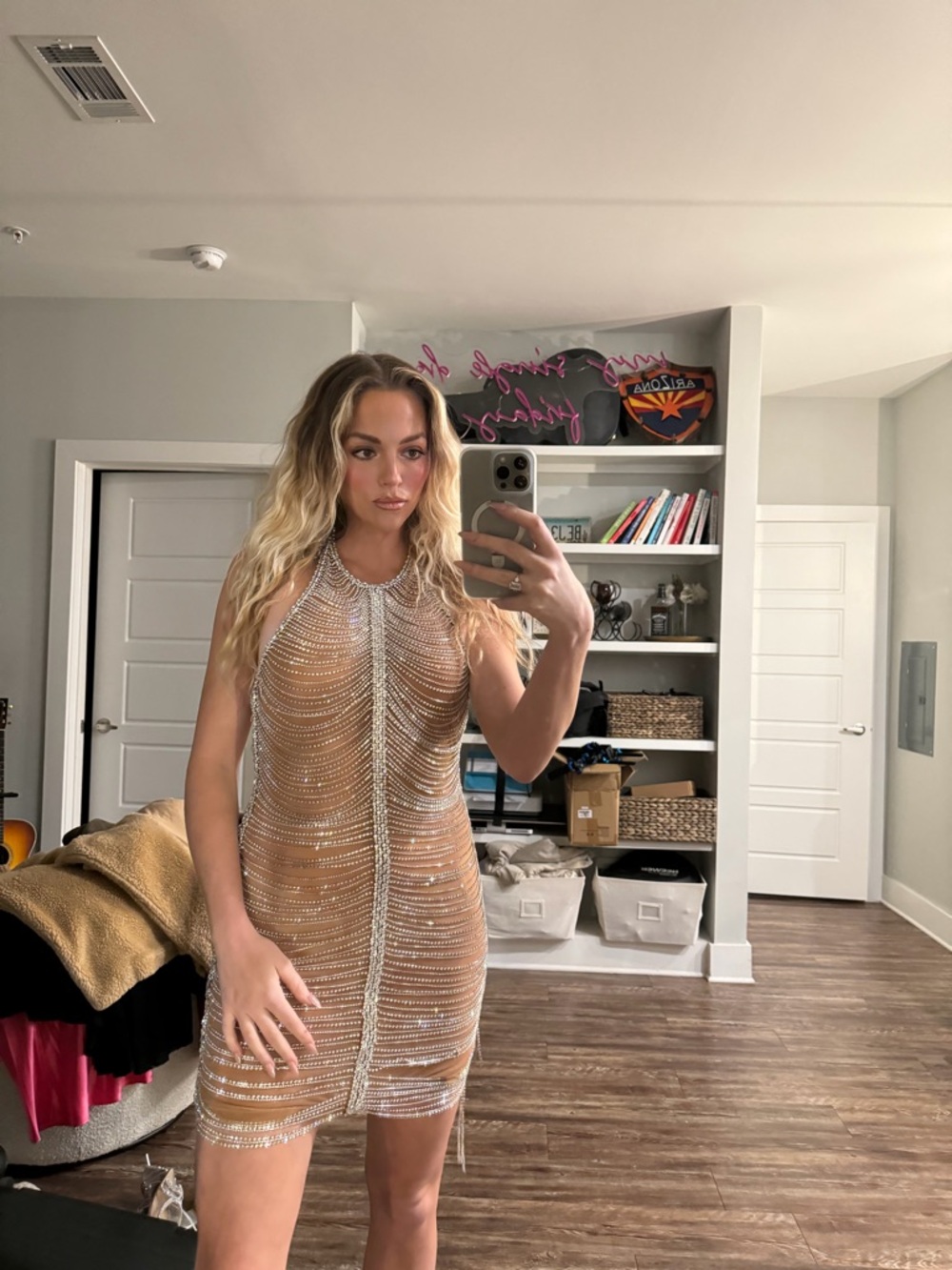 Retrofete Irina Halter Dress In NUDE/SILVER SIZE SMALL